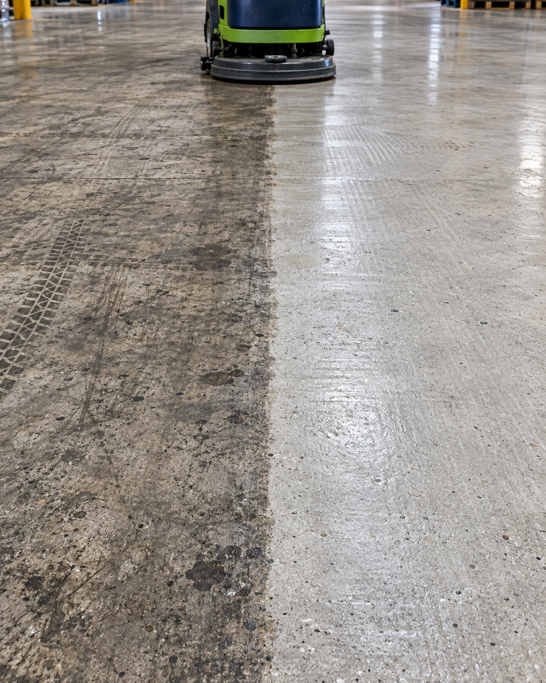 Warehouse floor being scrubbed, showing the line between cleaned and uncleaned concrete