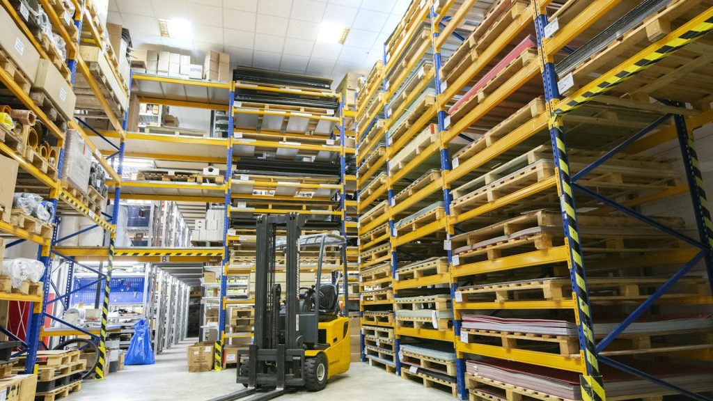 Warehouse aisles lined with pallet racking