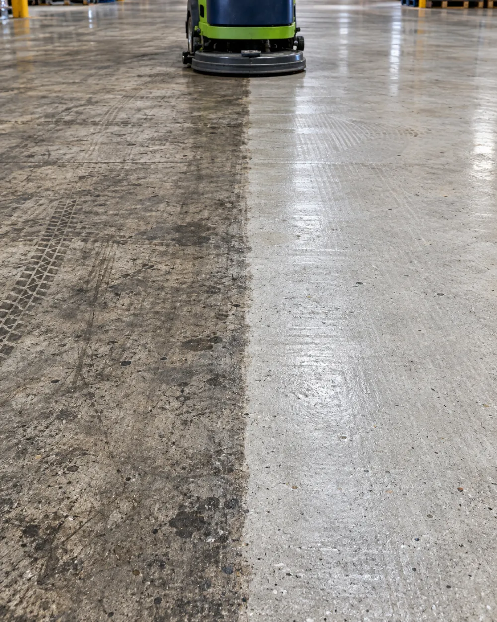 Warehouse floor being scrubbed, showing the line between cleaned and uncleaned concrete